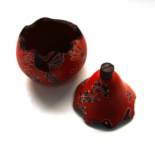 Decorative gourd box with floral and hummingbird design
