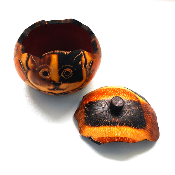 Carved gourd box with cat design