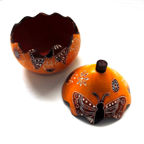 Decorative yellow gourd box with carved butterfly design 