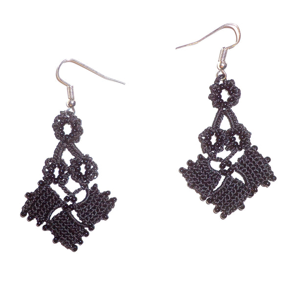 Black colored silk crochet and seed bead earrings available at Cerulean Arts. 
