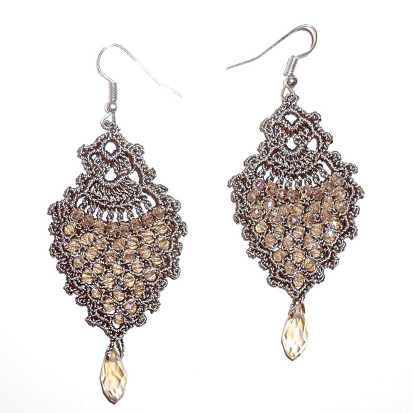 Taupe silk crochet and black crystal bead earrings available at Cerulean Arts.  