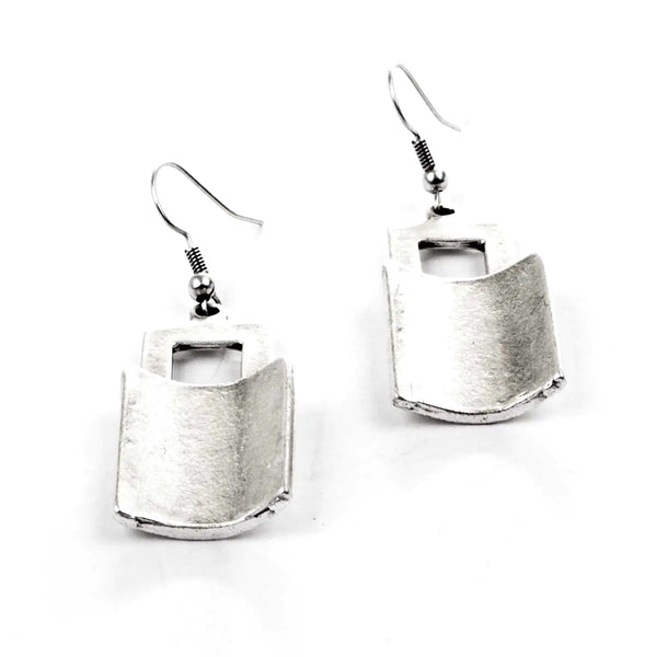Curved silver plated square earrings available at Cerulean Arts.  