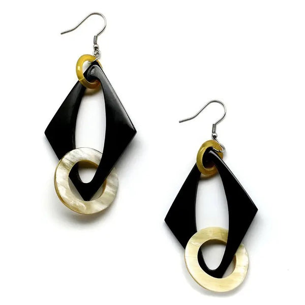 Polished black diamonds with cream hoop earrings carved from natural water buffalo horn, available at Cerulean Arts.