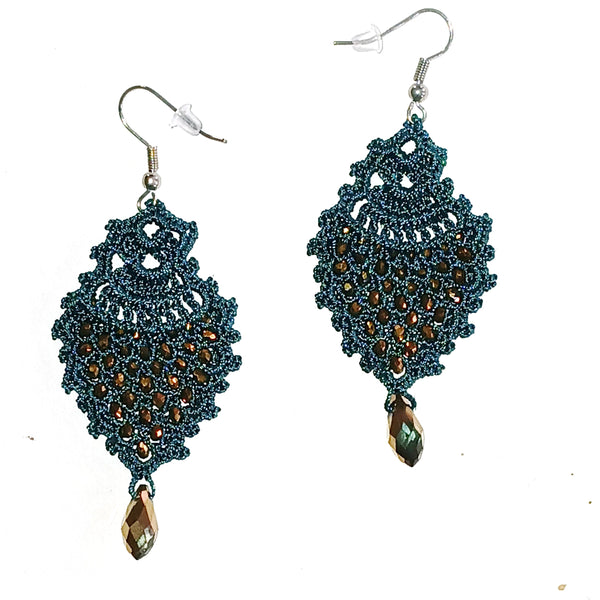 Teal silk crochet with black crystal bead earrings available at Cerulean Arts.