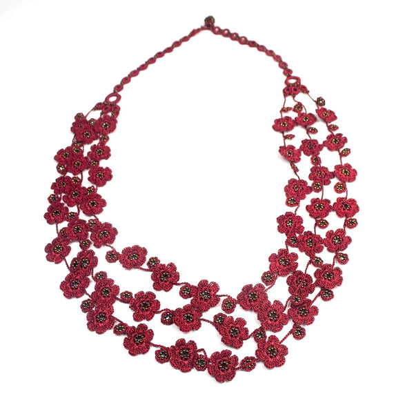 Crocheted silk and seed bead floral necklace in red.