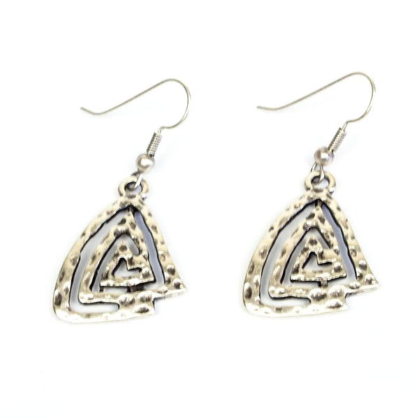 Pair of silver triangle-shaped earrings with  textured design.