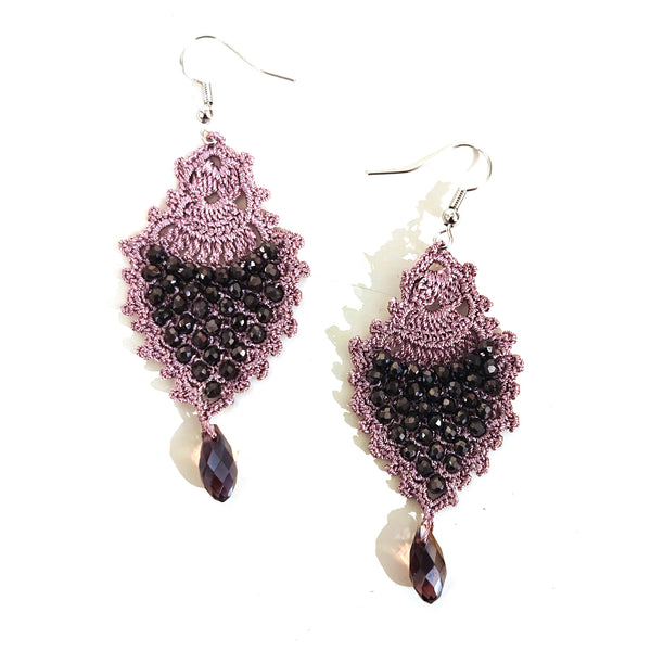 Pair of purple crochet earrings with faceted beads