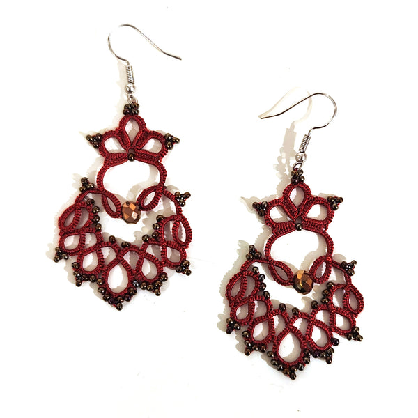 Red silk crochet earrings with bronze beads