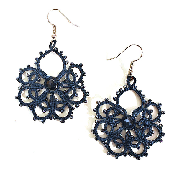 Pair of navy blue silk crochet and seed bead earrings 