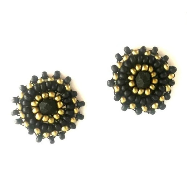 Pair of black and gold beaded earrings.