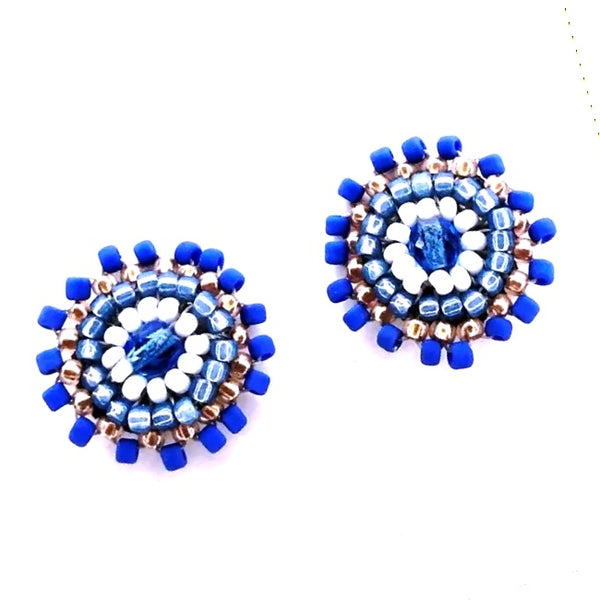 Pair of beaded earrings with blue, white, and  gold colors 