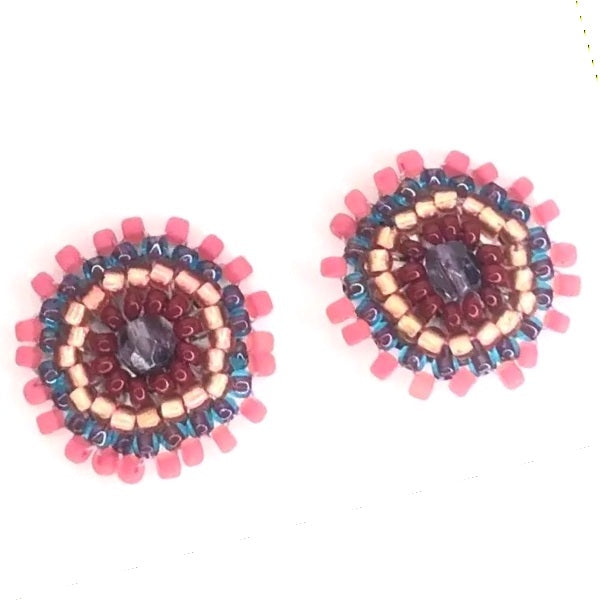Pair of beaded earrings with pink and multicolor design 