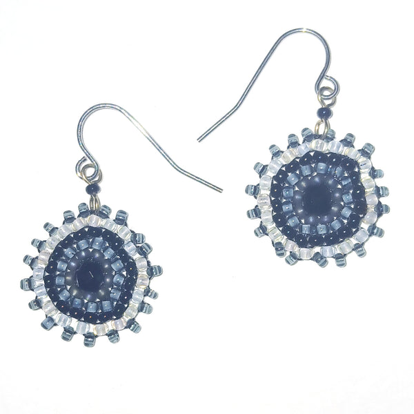Pair of beaded earrings with blue and silver design