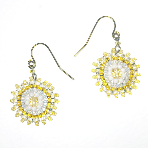 Pair of beaded earrings with yellow and white beads 