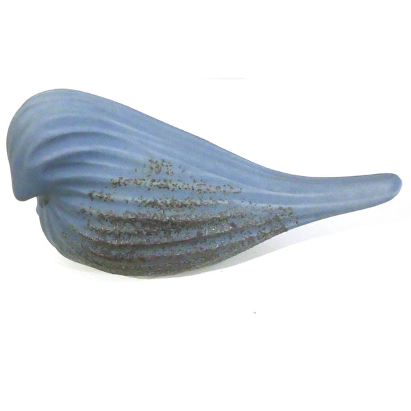 Porcelain bird with ribbed design in dusty blue with speckled gray wings available at Cerulean Arts.  