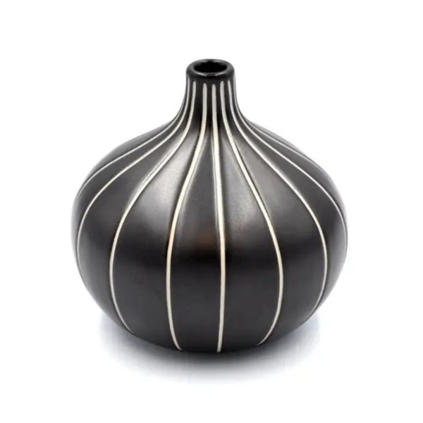 Gourd shaped porcelain bud vase shiny black with white ribbed design available at Cerulean Arts.