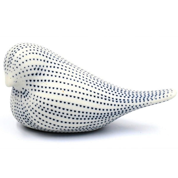Porcelain bird with navy blue stipple design available at Cerulean Arts. 