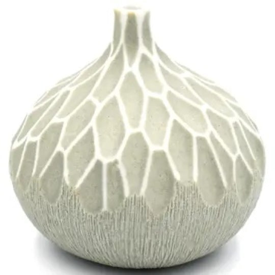 Gourd shaped porcelain bud vase with geometric texture in grey and white available at Cerulean Arts.