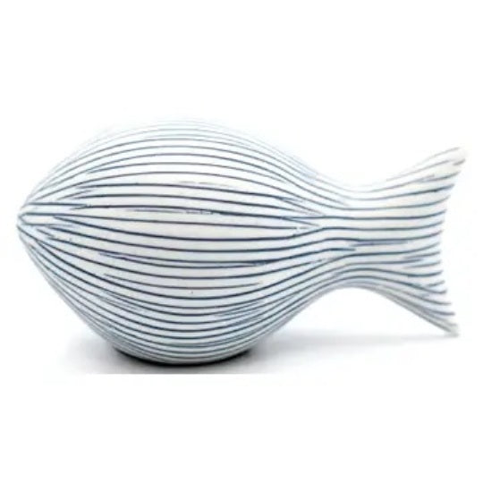 Porcelain fish with navy blue stripe design available at Cerulean Arts.