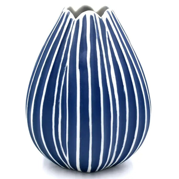 Tulip-shaped porcelain vase with ribbed design in navy blue with white stripe available at Cerulean Arts.