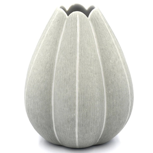 Tulip-shaped porcelain vase with raked design in grey and white pin stripe, available at Cerulean Arts.