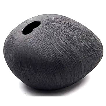 Pebble-shaped porcelain bud vase in matte black with raked design available at Cerulean Arts.