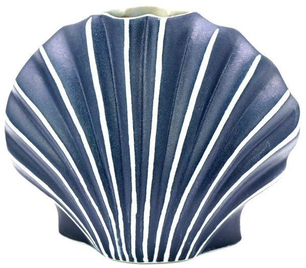 Shell-shaped porcelain vase with ribbed design in navy blue with white stripe available at Cerulean Arts.