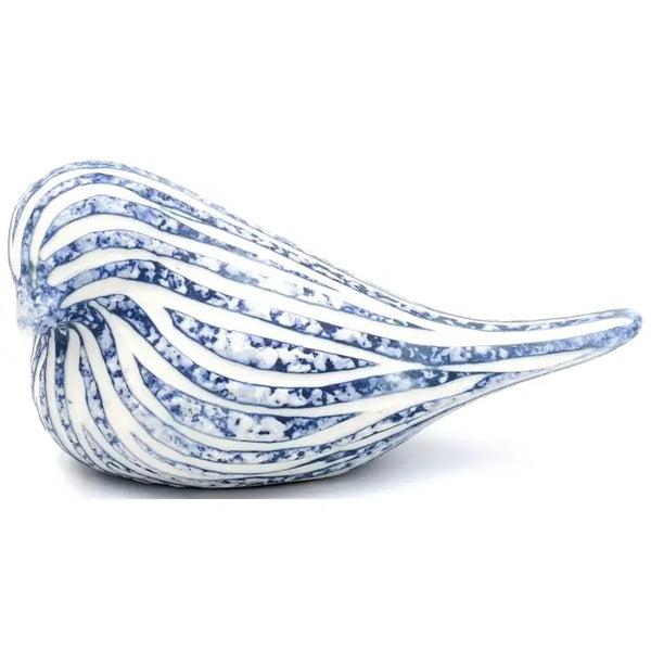 Porcelain bird in mottled blue with carved white stripes, available at Cerulean Arts.