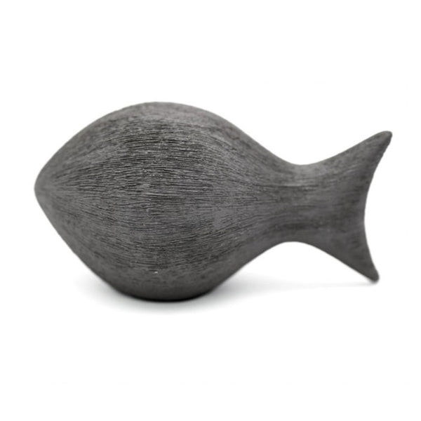 Porcelain fish with raked texture in graphite black, available at Cerulean Arts.