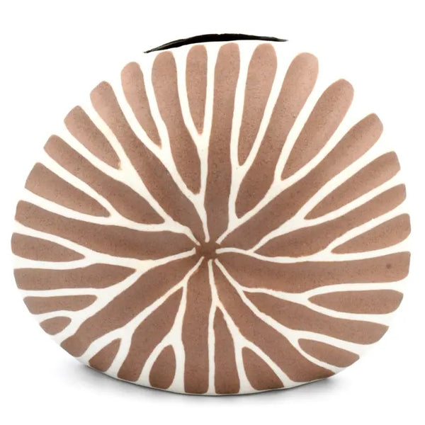 Round porcelain vase with terracotta colored leaf pattern 