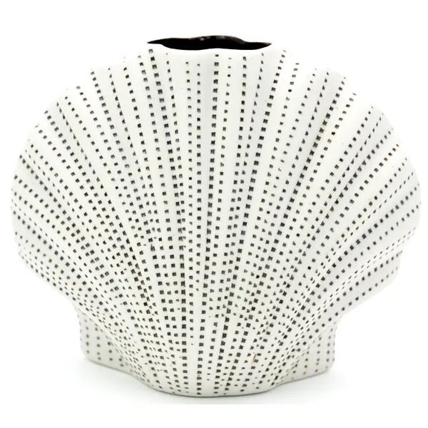 White shell vase with black dot pattern