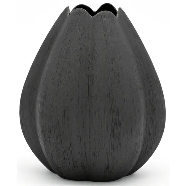 Tulip-shaped porcelain vase with raked design in matte black, available at Cerulean Arts.