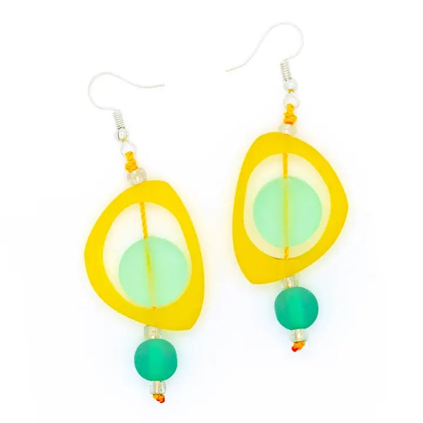 Pair of yellow and green beaded earrings.