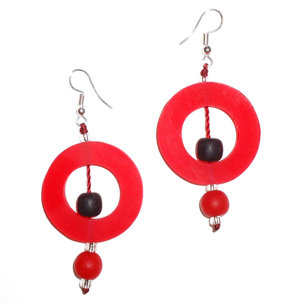 Bold red circular resin earrings with contrasting black beads available at Cerulean Arts. 