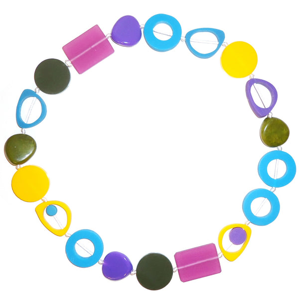Bold handmade resin necklace with a mix of large, eye-catching beads in turquoise, purple and yellow colors.