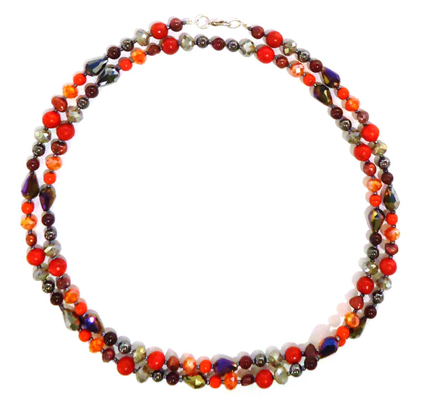 Mixed stone, pearl and crystal bead necklace in shades of red and gray available at Cerulean Arts.