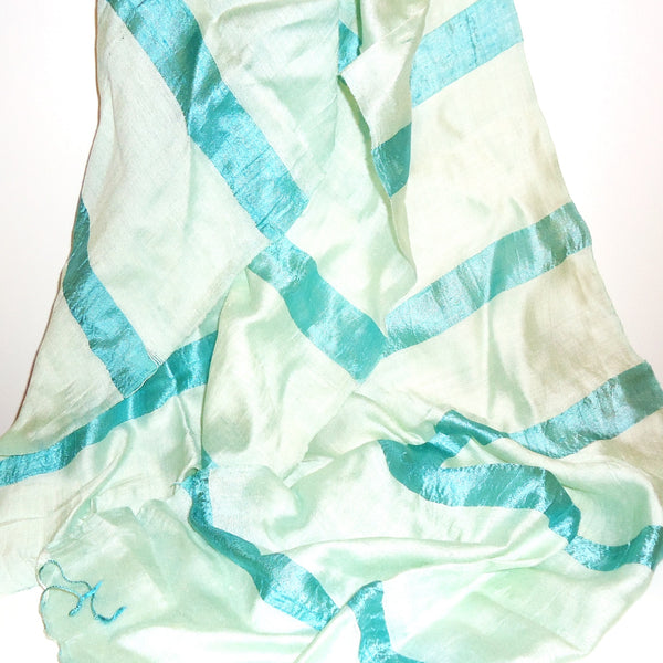 Silk and cotton scarf with stripe in seafoam green available at Cerulean Arts.  Handwoven in Thailand. 