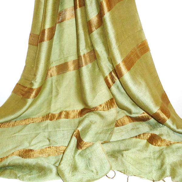 Silk and cotton scarf with stripe in olive green available at Cerulean Arts.  Handwoven in Thailand. 