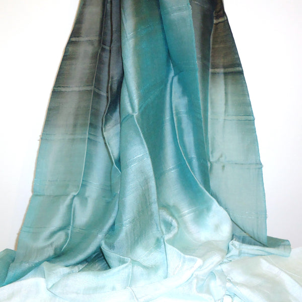 Silk and cotton ombre scarf in gradating shades of green from pale seafoam to dark pine available at Cerulean Arts. 