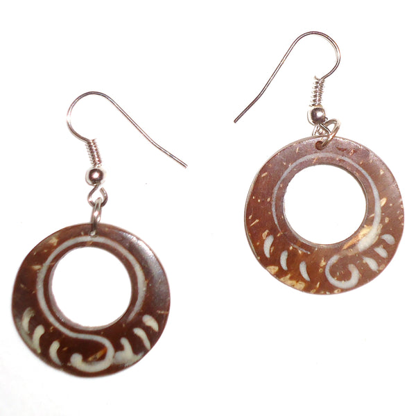 Ebony wood earrings carved hoops with inlay design available at Cerulean Arts. 