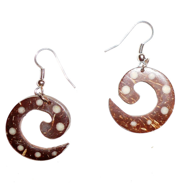 Ebony wood earrings carved curls with inlay design available at Cerulean Arts.  Silver colored wires.