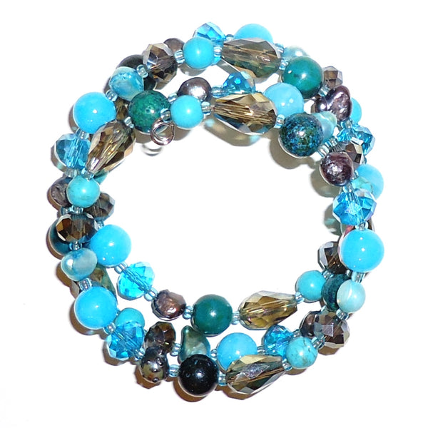Mixed stone and crystal bead infinity bracelet in shades of aqua, available at Cerulean Arts.