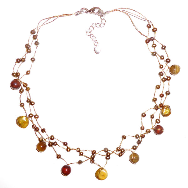 Pearl and stone necklace in shades of autumn on triple silk cord, available at Cerulean Arts. 