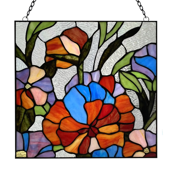 Multicolored stained glass flower garden panel available at Cerulean Arts.