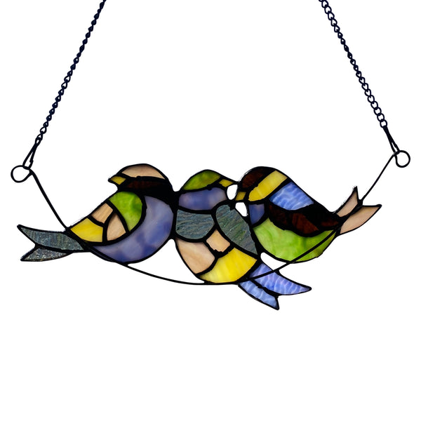 Multicolored stained glass panel featuring three birds on a branch available at Cerulean Arts. 