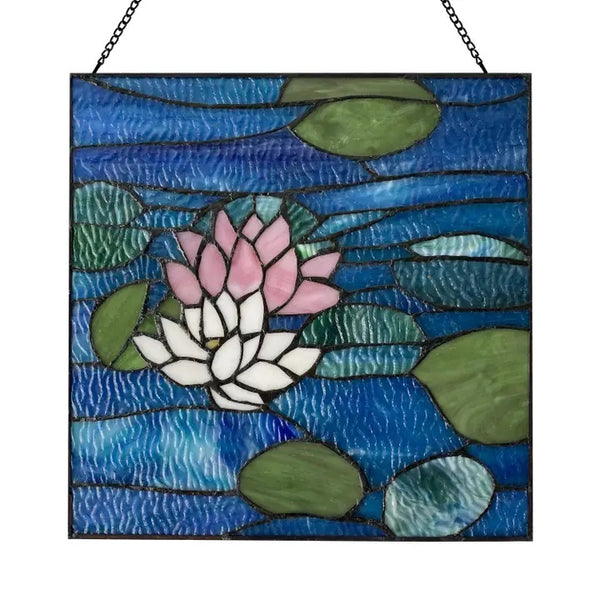 Multicolored stained glass lotus pond panel available at Cerulean Arts.