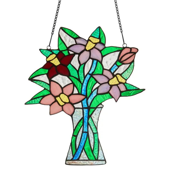 Multicolored stained glass panel with spring bouquet design, available at Cerulean Arts.