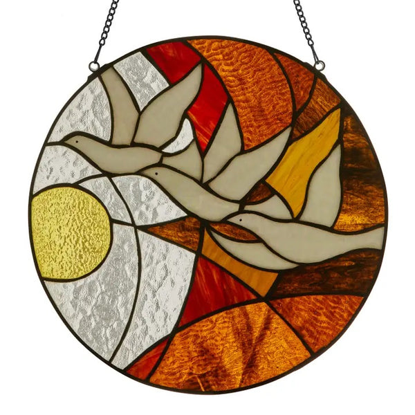 Multicolored stained glass round panel featuring doves in flight at sunset, available at Cerulean Arts.