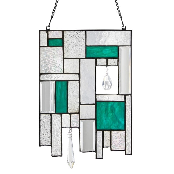 Turquoise stained glass and textured clear glass abstract geometric panel with crystal suncatchers, available at Cerulean Arts.