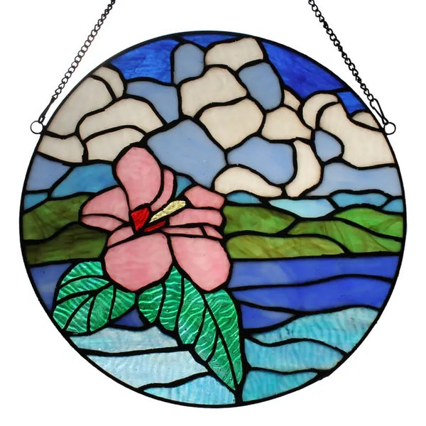 Multicolor stained glass panel with hibiscus flower and tropical island background, available at Cerulean Arts.